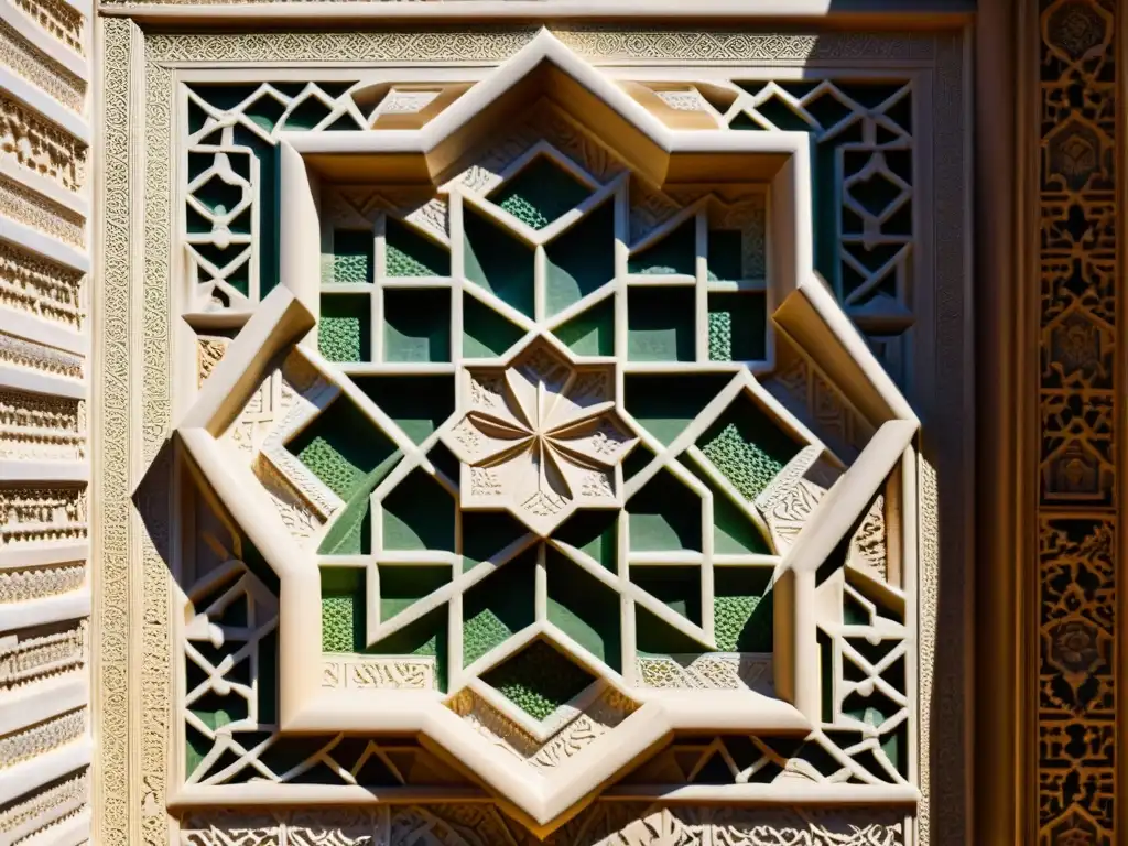 Detallado relieve de estuco del arte islámico en la Alhambra, Granada