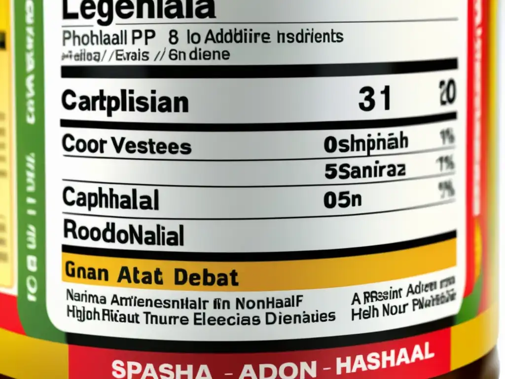 Un detallado y vibrante etiquetado de alimentos en español y árabe resalta aditivos no Halal en dieta, invitando a la reflexión