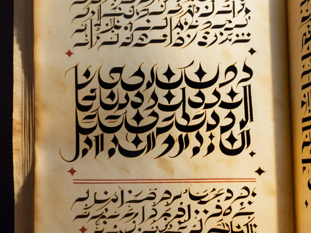 Detalle de antiguo manuscrito árabe con dígitos arábigos en Occidente, destacando caligrafía y símbolos matemáticos en papel envejecido