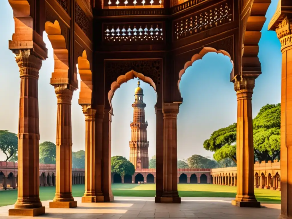 Detalle arquitectónico del complejo palaciego del Sultanato de Delhi, con sombras dramáticas y ornamentos detallados en muros y columnas