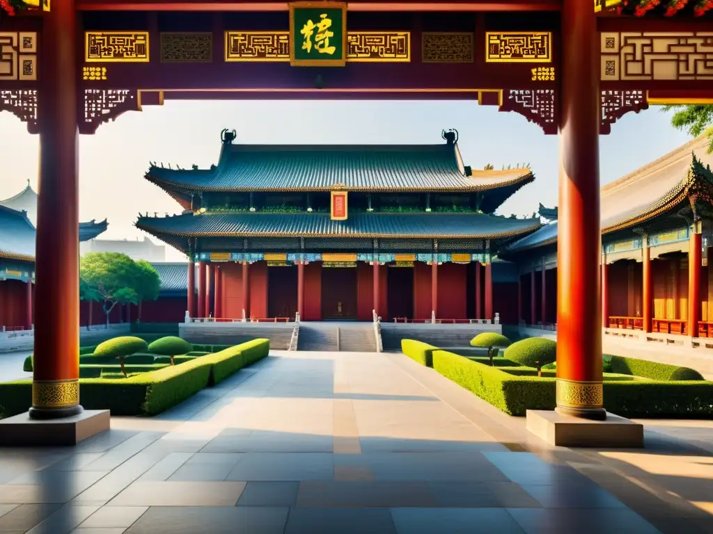 Detalle arquitectónico de la Gran Mezquita de Xi'an con influencia cultural del Islam en China, rodeada de vegetación exuberante y luz suave