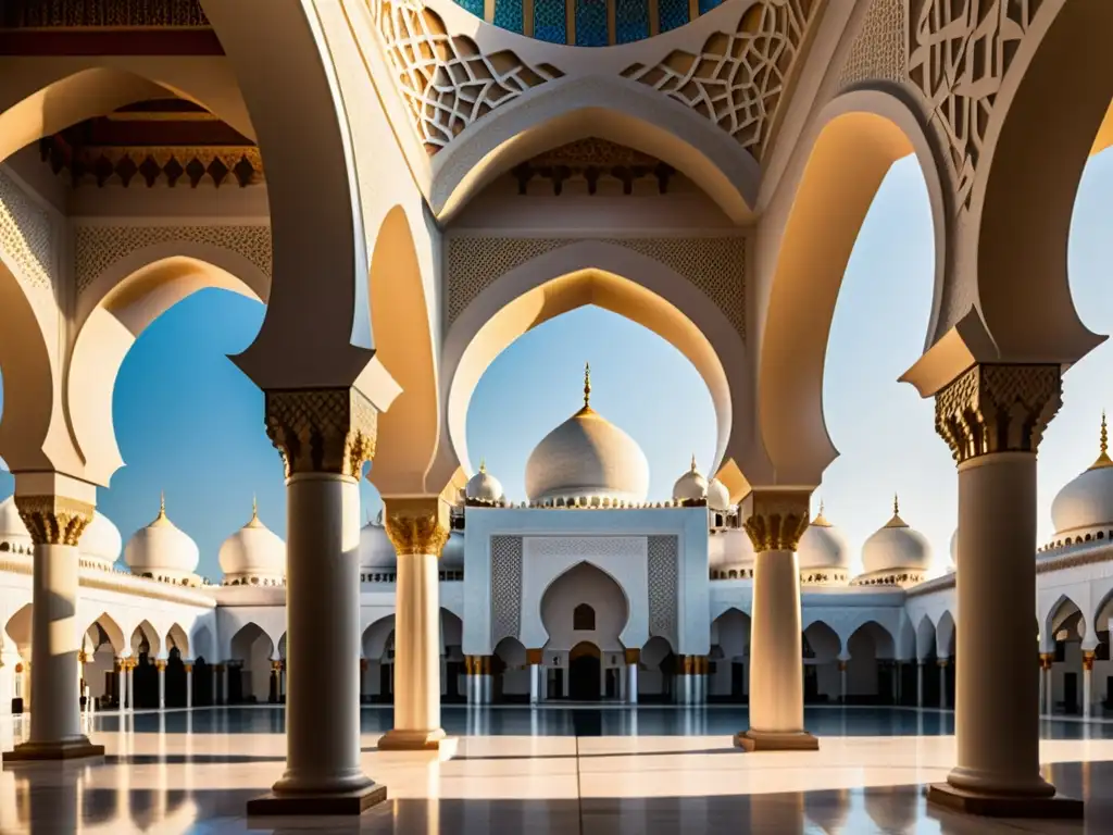 Detalle arquitectónico impresionante de una mezquita, reflejando la interacción de luz y sombra en arcos, cúpulas y patrones geométricos