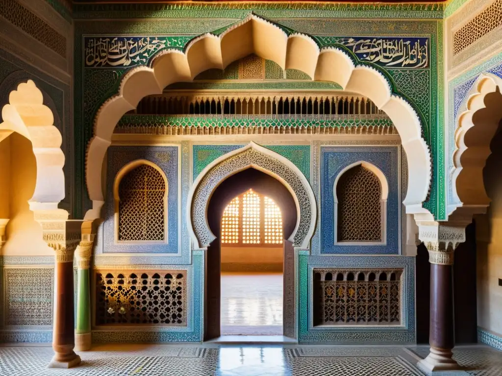 Detalle arquitectónico de la Madraza Bou Inania en Fez, Marruecos, con mosaicos y arcos