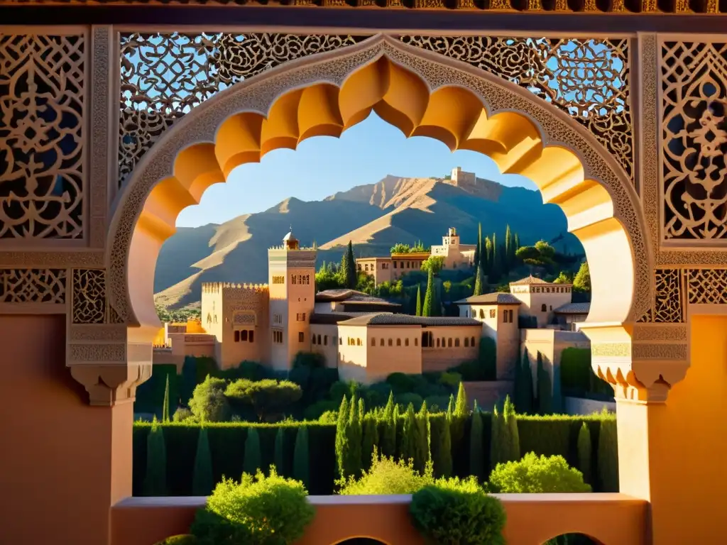 Detalle arquitectónico del legado islámico Alhambra España, con intrincados arcos y caligrafía árabe, bañados por la cálida luz dorada del atardecer