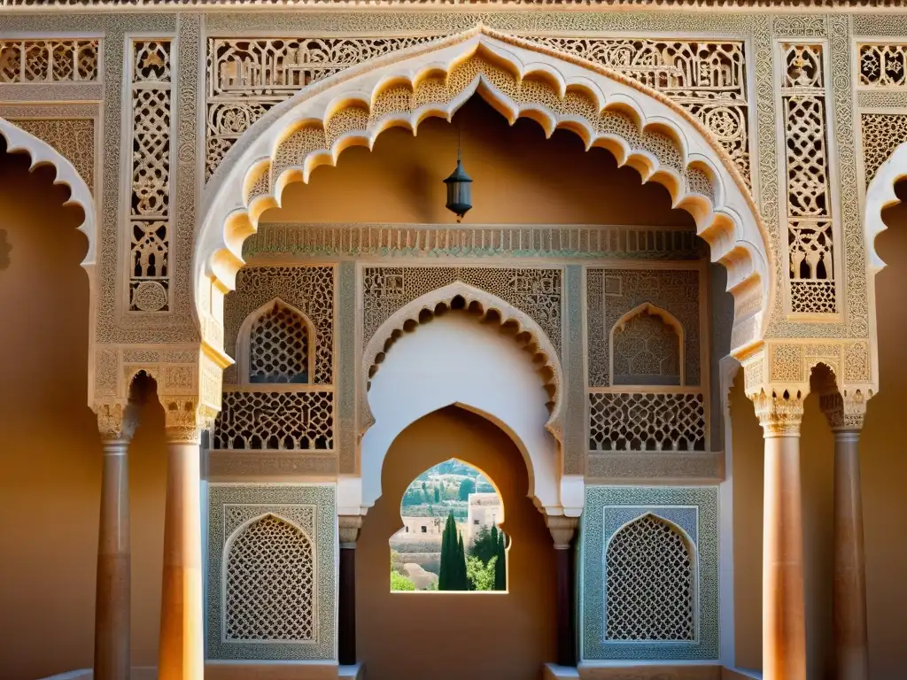 Detalle de la arquitectura defensiva islámica de la Alhambra, con intrincados grabados y patrones geométricos, iluminados por cálida luz solar