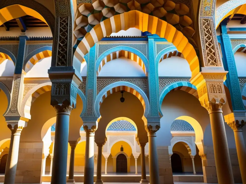 Detalle de la arquitectura islámica AlÁndalus en la Gran Mezquita de Córdoba, con intrincados arcos y cúpulas, juego de luces y sombras