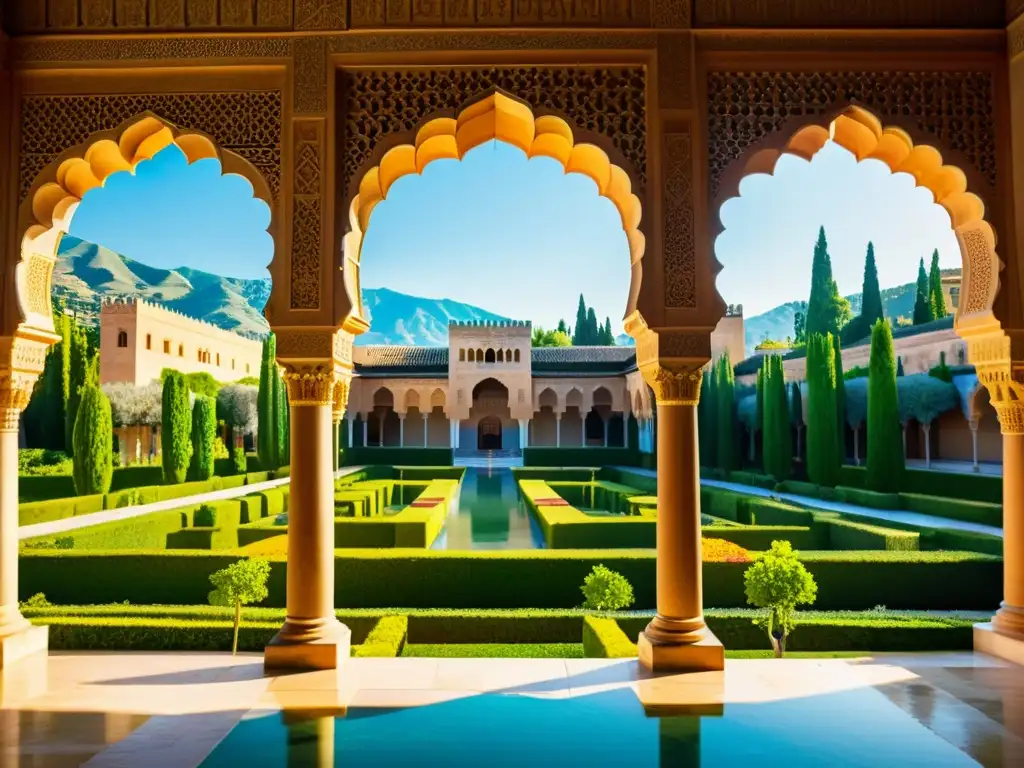 Detalle de la Alhambra en Granada, España, muestra la arquitectura islámica y jardines serenos