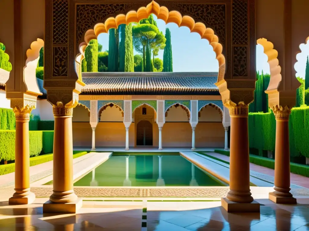 Detalle de la arquitectura islámica andalusí en la Alhambra, Granada: juego de luces y sombras, arcos y columnas