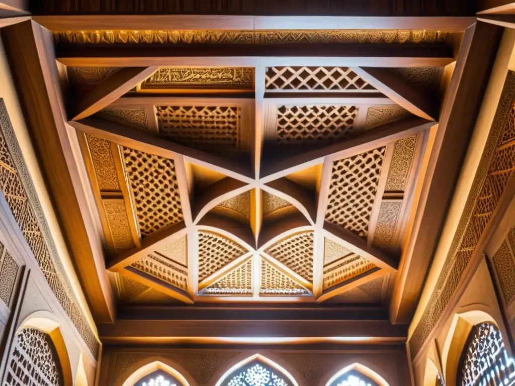 Detalle de la arquitectura medieval de palacios mamelucos en el techo del complejo Qalawun en El Cairo, Egipto, con intrincados diseños geométricos y arabescos en madera, bañados por la cálida luz del sol y destacando la exquisita artesanía