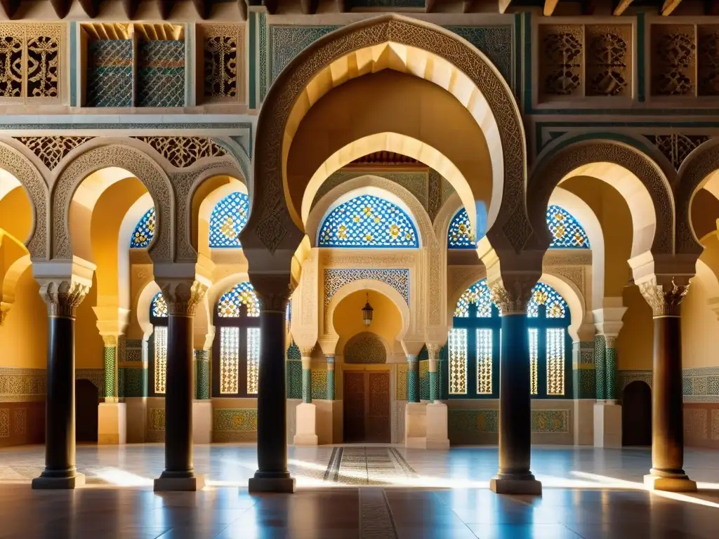 Detalle de arquitectura en la Mezquita de Córdoba, con arcos de herradura y azulejos, reflejando la belleza de mezquitas antiguas en el mundo islámico