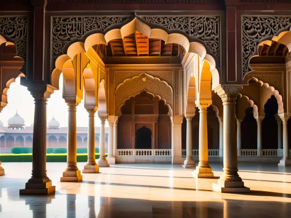 Detalle de la arquitectura palaciega Sultanato Delhi en el intrincado mármol del DiwaniKhas en el Fuerte Rojo, con patrones florales y caligrafía árabe