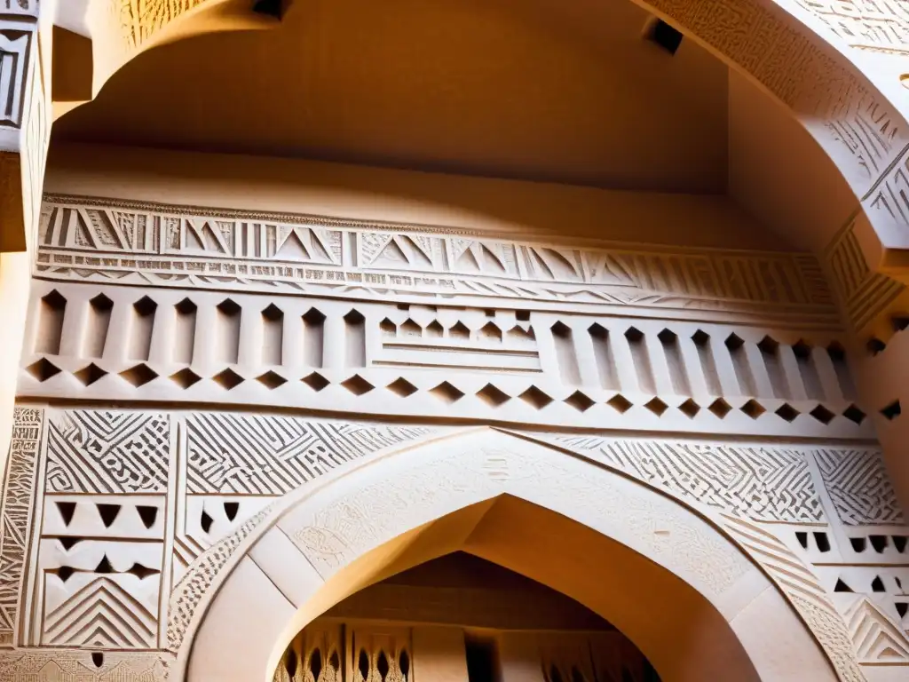 Detalle del arte islámico en África en la Gran Mezquita de Djenné, mostrando su belleza y maestría arquitectónica en tonos terrosos