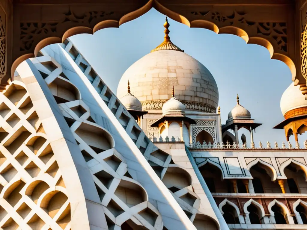 Detalle del arte islámico subcontinente indio en el Taj Mahal, con intrincados mosaicos y caligrafía, destacando juego de luz y sombra