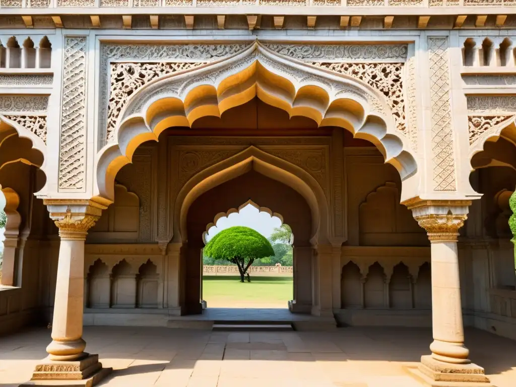 Detalle artístico de los intrincados grabados en piedra y arcos de los Túmulos Qutb Shahi en Hyderabad