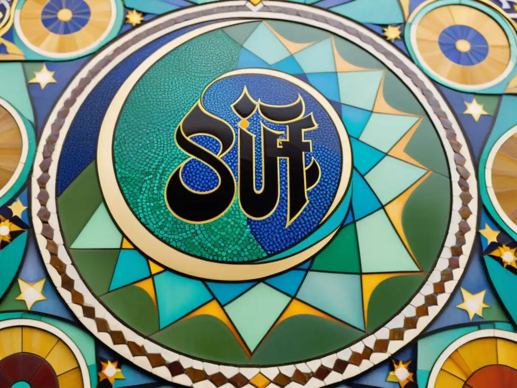 Detalle artístico de un mosaico islámico con simbolismo sufí en arte islámico, evocando espiritualidad y reverencia