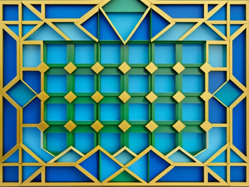 Detalle asombroso de un patrón geométrico islámico en azul, verde y dorado, evocando armonía y precisión