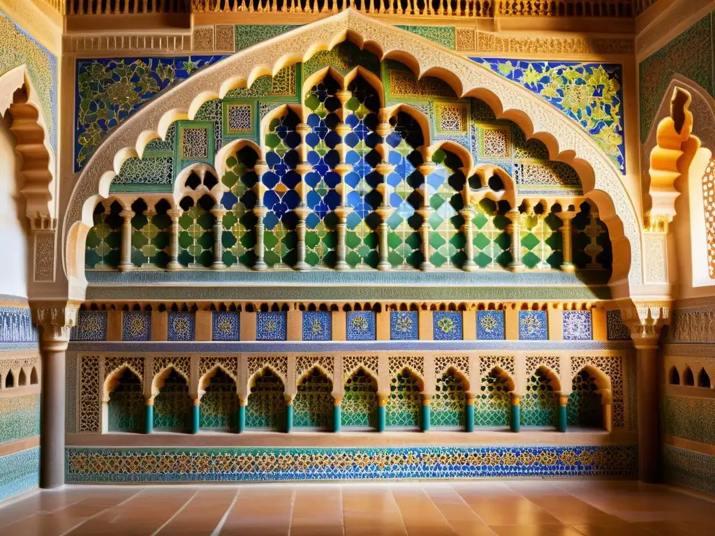 Detalle de azulejos en la Alhambra, riqueza cultural mundo islámico Granada, luz solar y visitantes admirando la artesanía