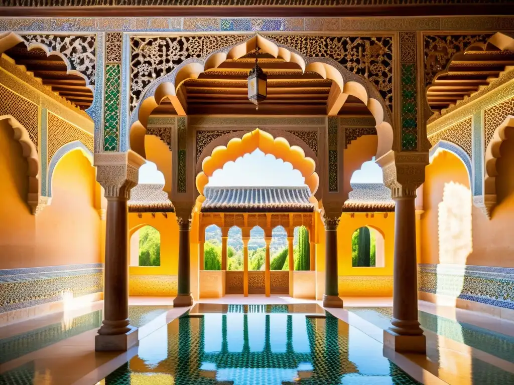 Detalle de azulejos y arcos ornamentados en la Alhambra, reflejo de la riqueza cultural del mundo islámico en Granada