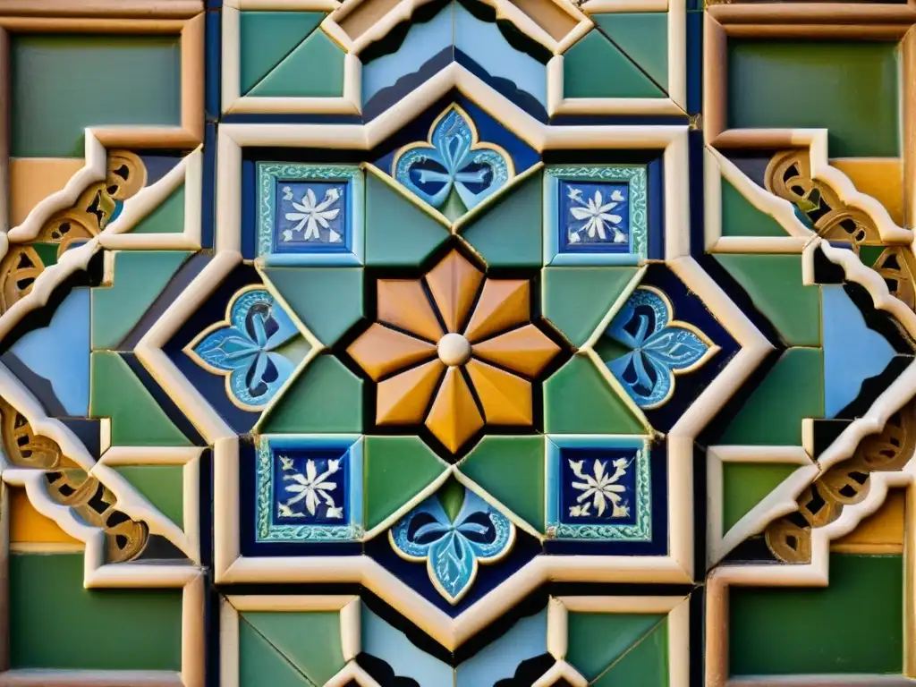 Detalle de azulejos en la Alhambra, Granada, mostrando la espiritualidad en el arte islámico con sus intrincados patrones y colores vibrantes