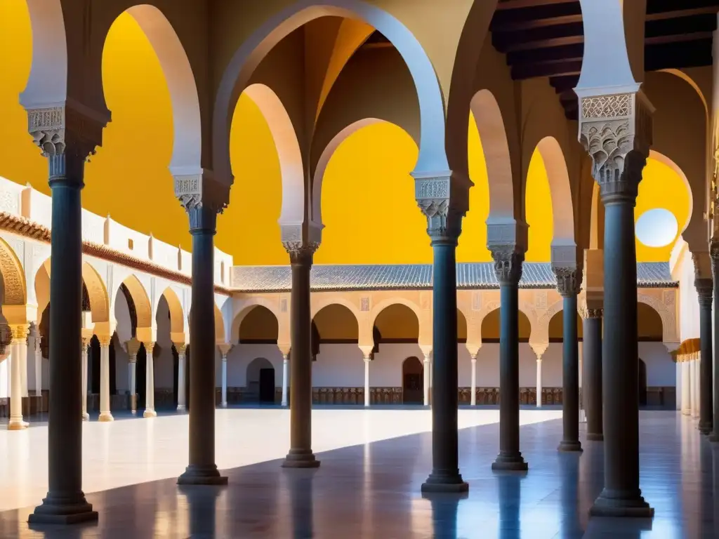 Detalle cautivador de la Mezquita de Córdoba, resaltando su historia islámica y arquitectura única en tonos cálidos y dorados