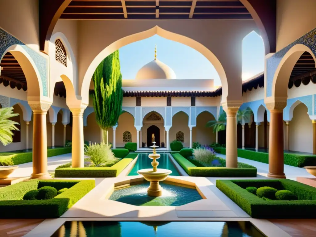 Centro médico islámico histórico: detalle fotorealista Detalle de un centro médico histórico islámico con filosofía de medicina holística, con arquitectura ornamental y jardines exuberantes