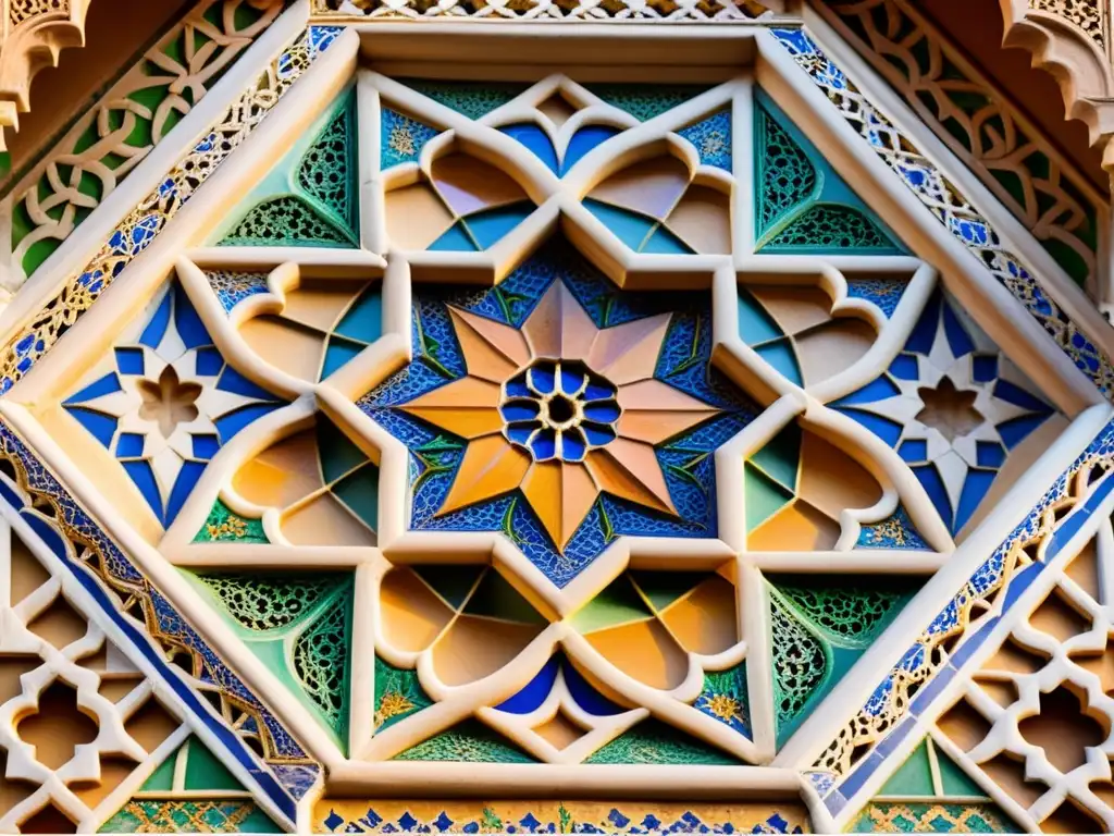 Detalle de las coloridas influencias de las minorías en el arte islámico en los patrones geométricos de la Alhambra