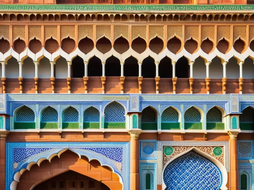 Detalle colorido de la fachada de la Jama Masjid, reflejando la influencia islámica en la arquitectura India