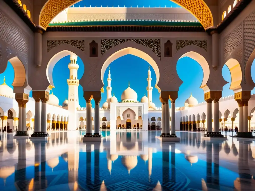 Detalle esotérico de la arquitectura del Califato Fatimí en la Gran Mezquita de Al-Qayrawan, con mosaicos, cúpulas y luz solar