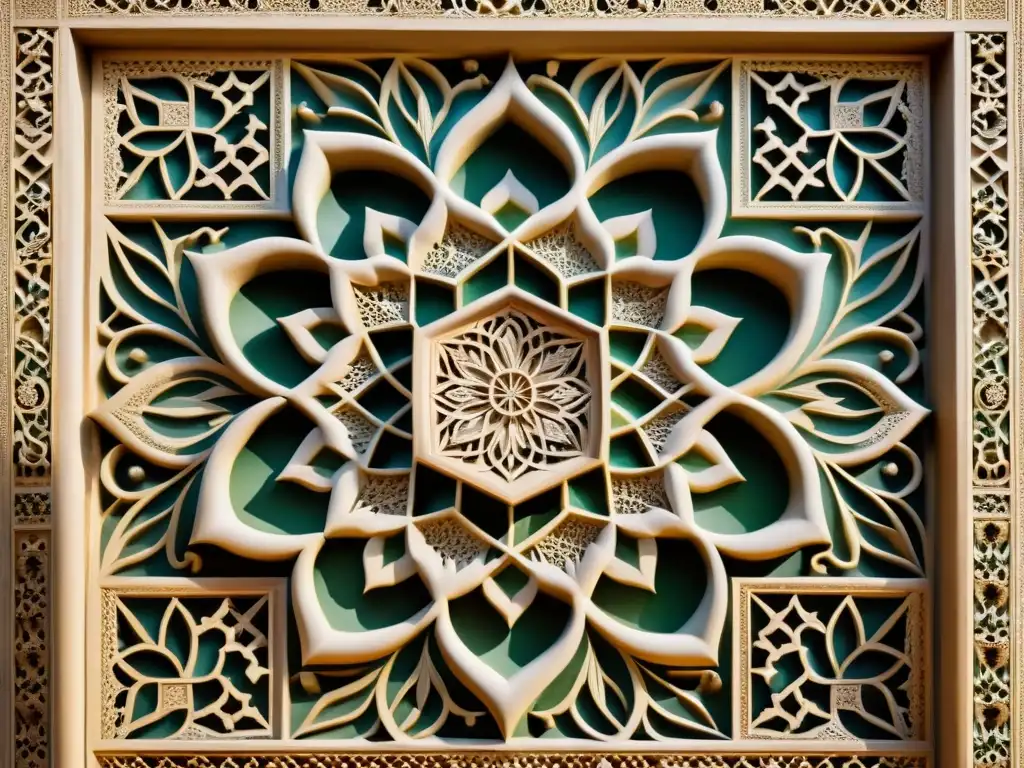 Detalle de estuco y relieve en arte islámico de la Alhambra, con patrones geométricos, florales y arabescos, en tonos terrosos y azules vibrantes