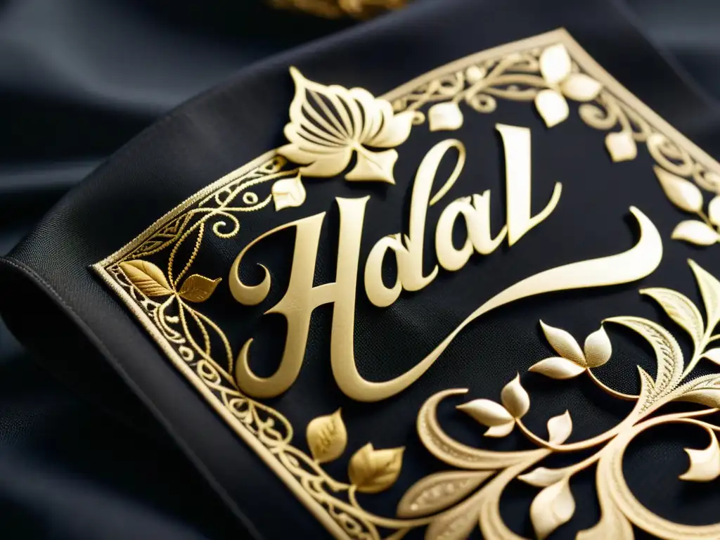 Detalle de etiqueta con caligrafía árabe dorada 'Halal' en tela negra, para guía identificación ropa Halal auténtica