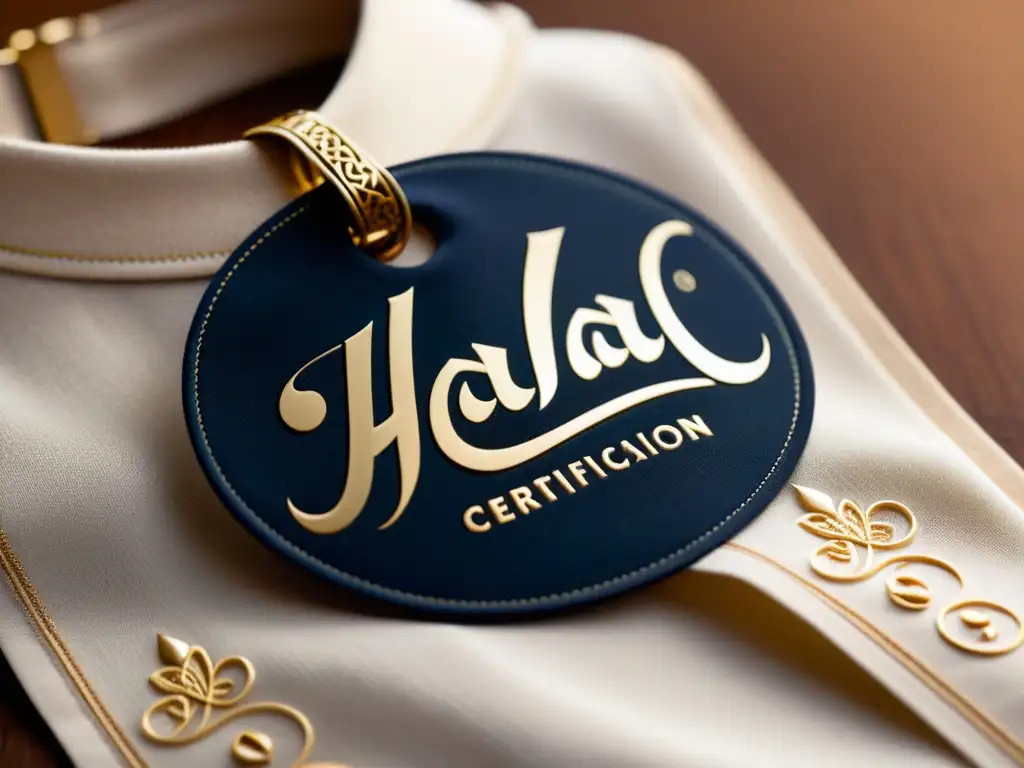 Detalle de etiqueta con caligrafía árabe y logo Halal en lujosa prenda de alta calidad