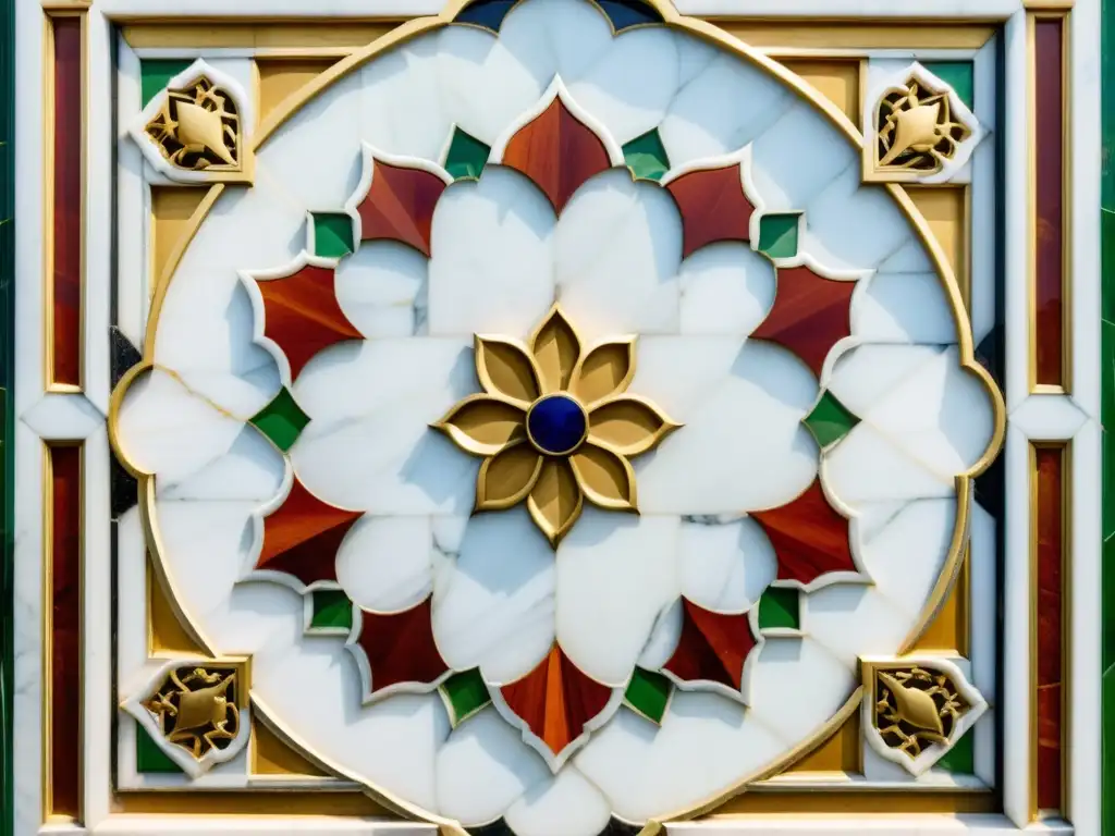 Detalle de la exquisita marquetería de mármol en el Taj Mahal, reflejando la influencia persa en el arte islámico en la India