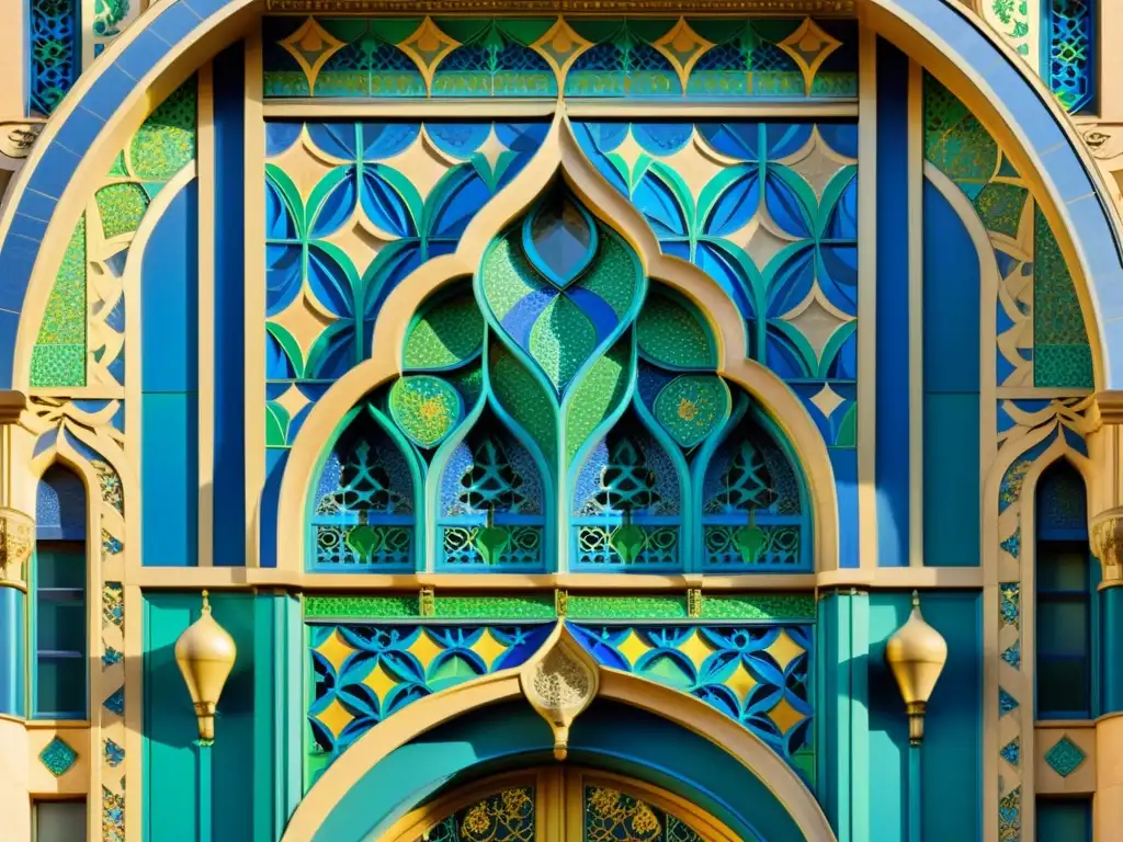 Detalle de fachada Art Nouveau con geometría islámica en tonos vibrantes de azul, dorado y verde, deslumbrando con juego de luces y sombras