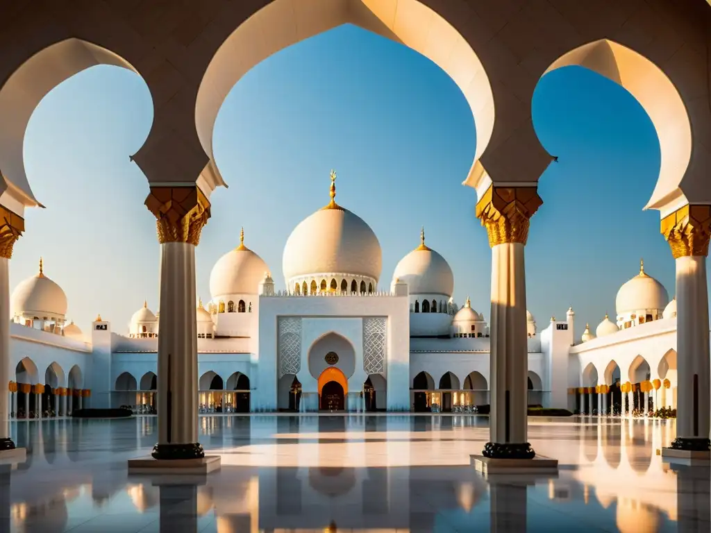 Detalle fascinante de la arquitectura islámica contemporánea en la mezquita Sheikh Zayed, bañada por la suave luz del atardecer