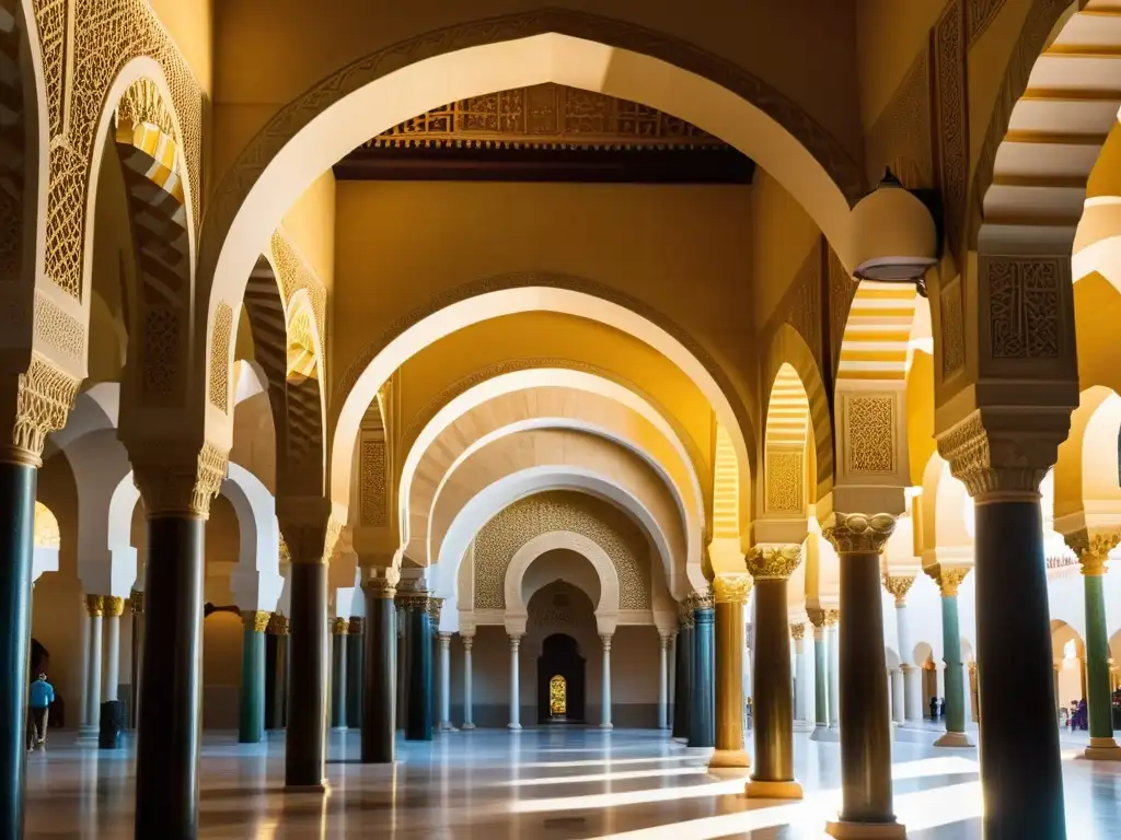 Detalle fascinante de la Gran Mezquita de Córdoba, con sus arcos, columnas ornamentadas y patrones geométricos