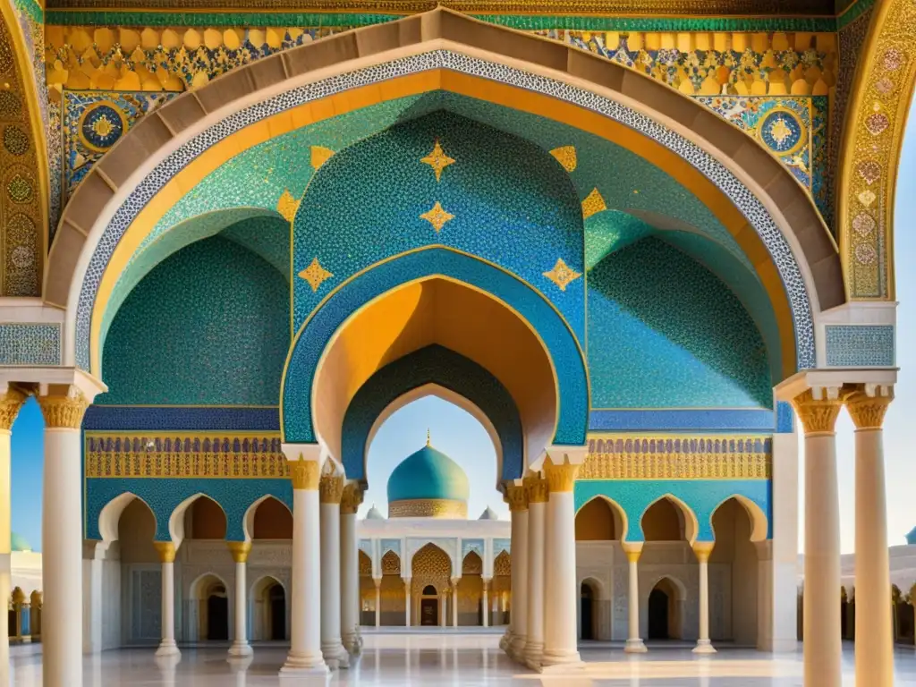 Detalle fascinante de mosaico de la arquitectura opulenta de la Dinastía Omeya, con patrones geométricos y motivos florales