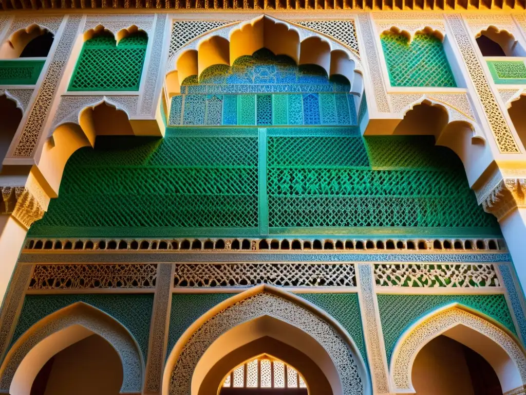 Detalle fascinante de los símbolos arquitectura nazarí Alhambra, con intrincados diseños árabes y una paleta de colores vibrantes