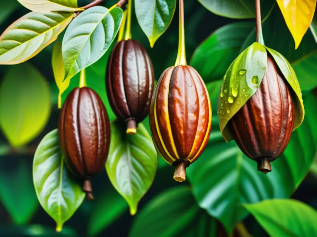 Detalle fotográfico de cacao fresco con gotas de agua brillando al sol