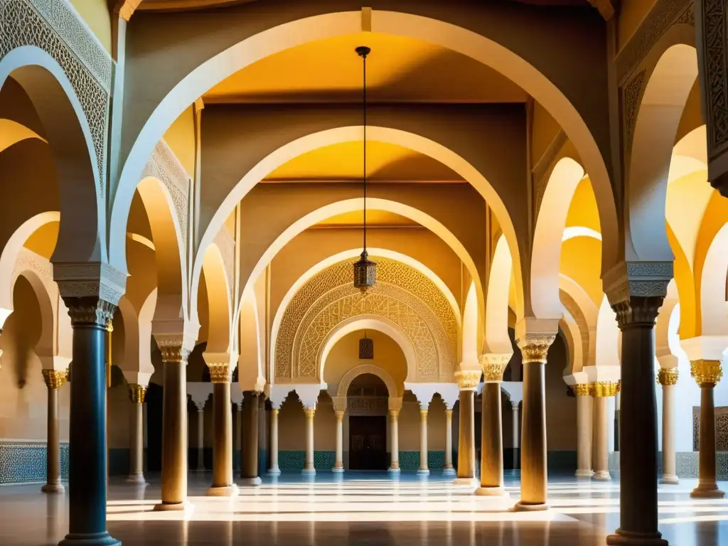 Detalle fotográfico impresionante de la Gran Mezquita de Córdoba, resaltando la restauración arquitectónica del legado islámico y su belleza