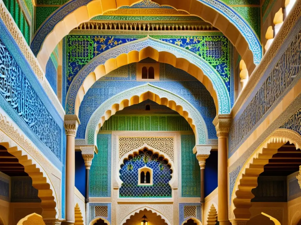 Detalle fotográfico de los impresionantes azulejos y arcos del Palacio de la Alhambra en Granada, España, reflejando la influencia del Islam en España