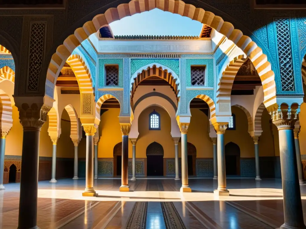 Detalle fotográfico del interior de La Mezquita, con sus arcos intrincados, azulejos ornamentados y juego de luces y sombras