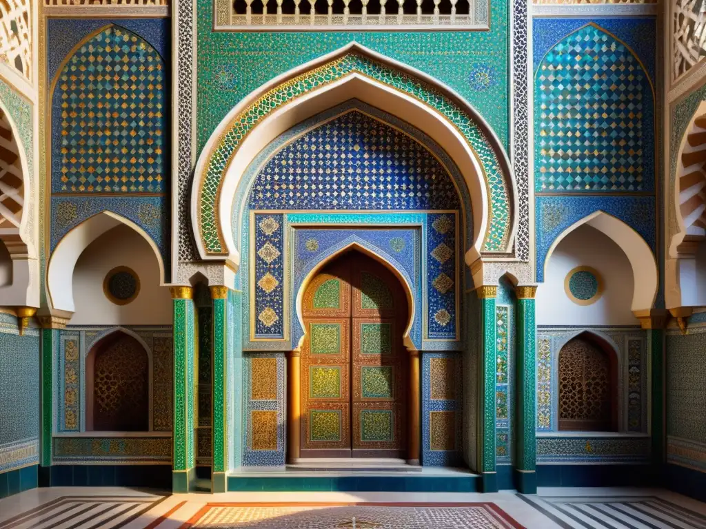 Detalle fotográfico de un mihrab cubierto de mosaicos en una mezquita histórica, representación del arte islámico con símbolos de conflicto y una atmósfera de reverencia espiritual