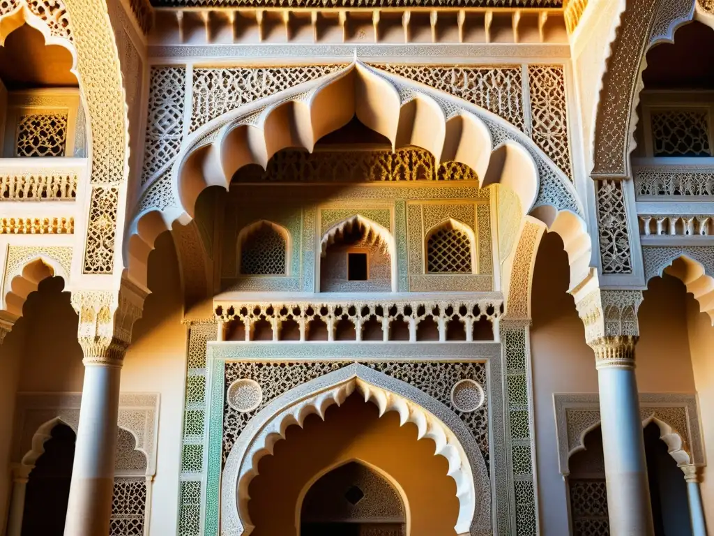 Detalle fotorealista de la Alhambra, destacando la identidad artística mudéjar en el mundo islámico