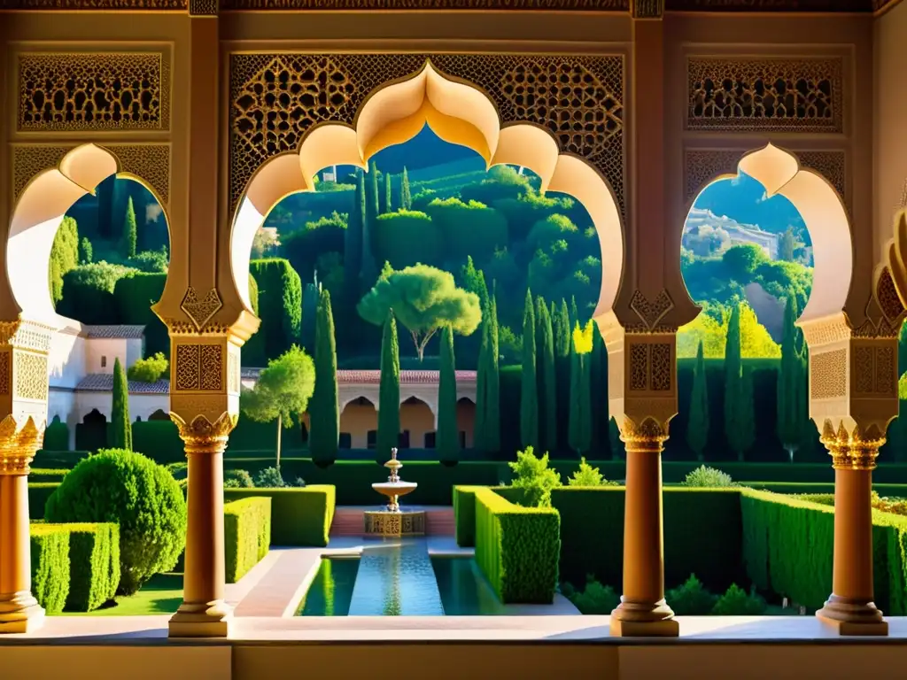 Detalle fotorealista de la Alhambra en Granada, destacando la arquitectura y jardines con consecuencias fin era islámica España