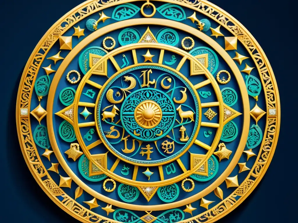 Detalle fotorealista de la icónica rueda de la astrología islámica, con patrones y signos zodiacales en colores vibrantes y elegantes