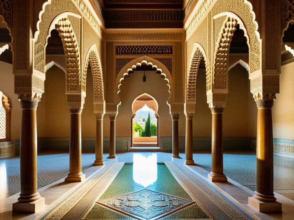 Detalle fotorealista de la Alhambra en Granada, España, resaltando su belleza islámica en la caída de Granada 1492