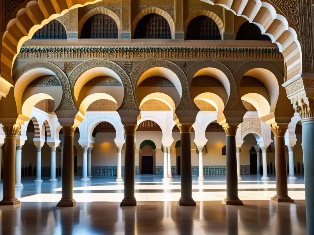 Detalle fotorealista de la Gran Mezquita de Córdoba, mostrando sus arcos de herradura, columnas dobles y juego de luces y sombras