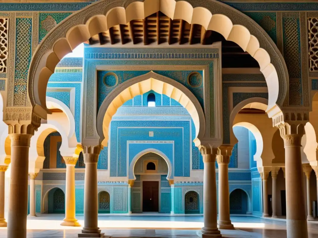 Detalle fotorealista de la Gran Mezquita de Kairouan en Túnez, destacando la arquitectura aglabida en África del Norte