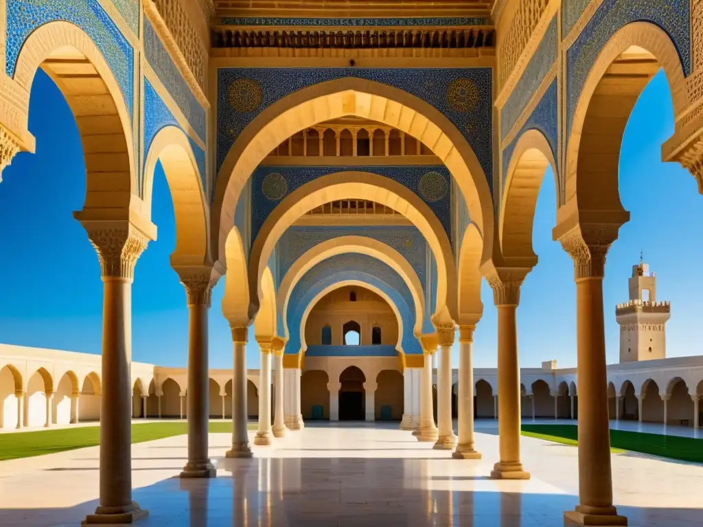 Detalle fotorealista de la Gran Mezquita de Kairouan, resaltando la arquitectura Aglábida en el norte de África bajo cielo azul