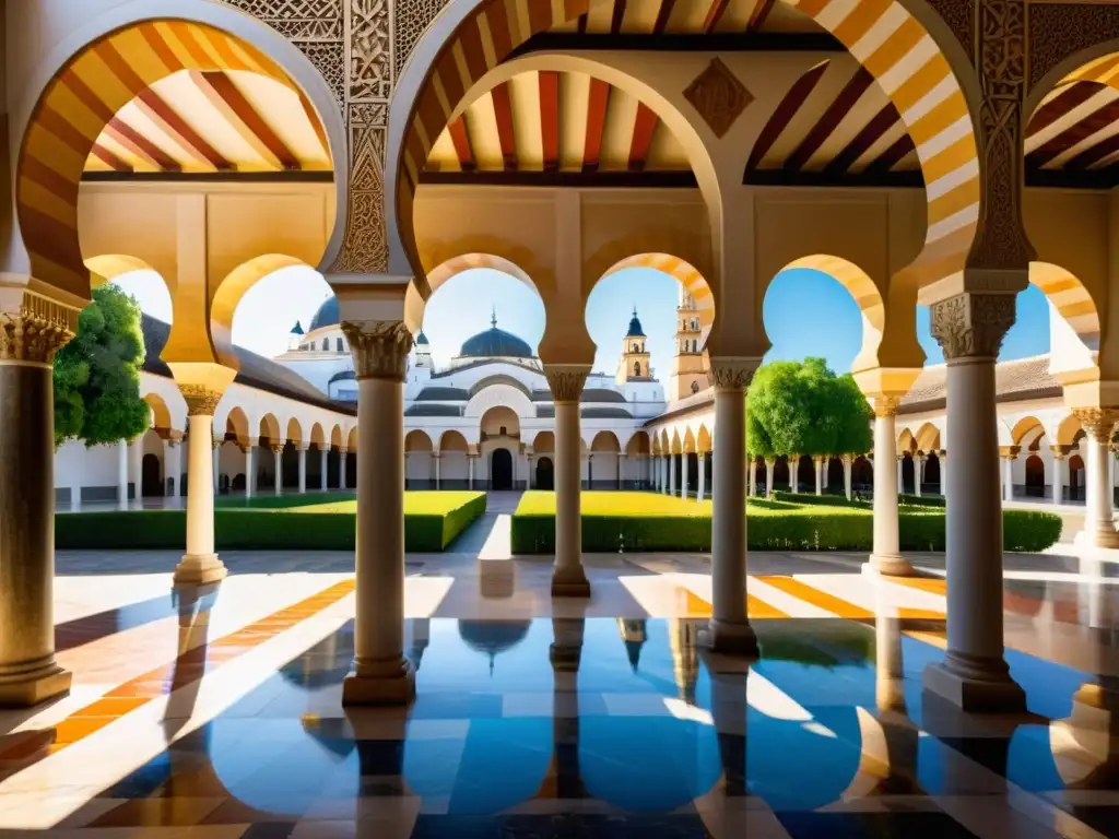 Detalle fotorealista de la Gran Mezquita de Córdoba, con sus arcos rojos y blancos, patrones geométricos, y un patio sereno con naranjos